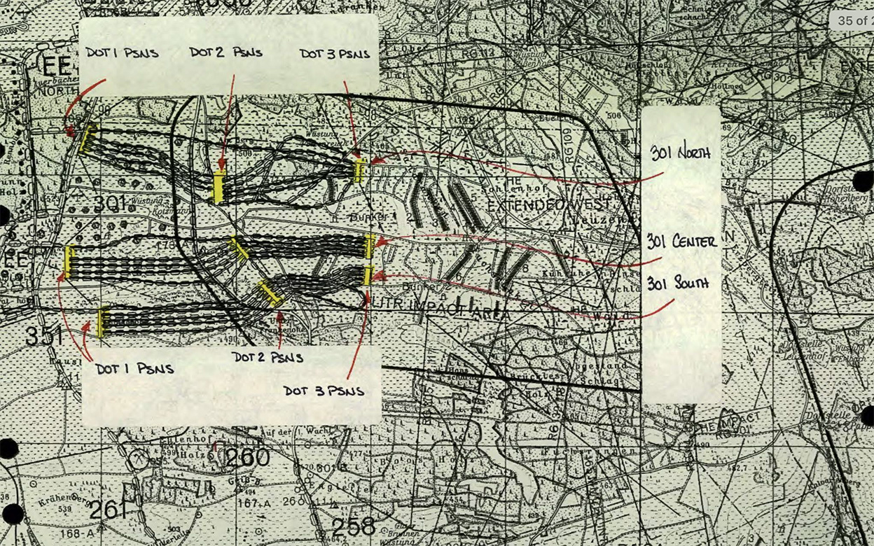 This is an extract from the official Army accident report showing range 301 on the Grafenwoehr Training Area 1:50,000 topographic map. You can see the course roads, firing positions, and how the range was split into three areas.