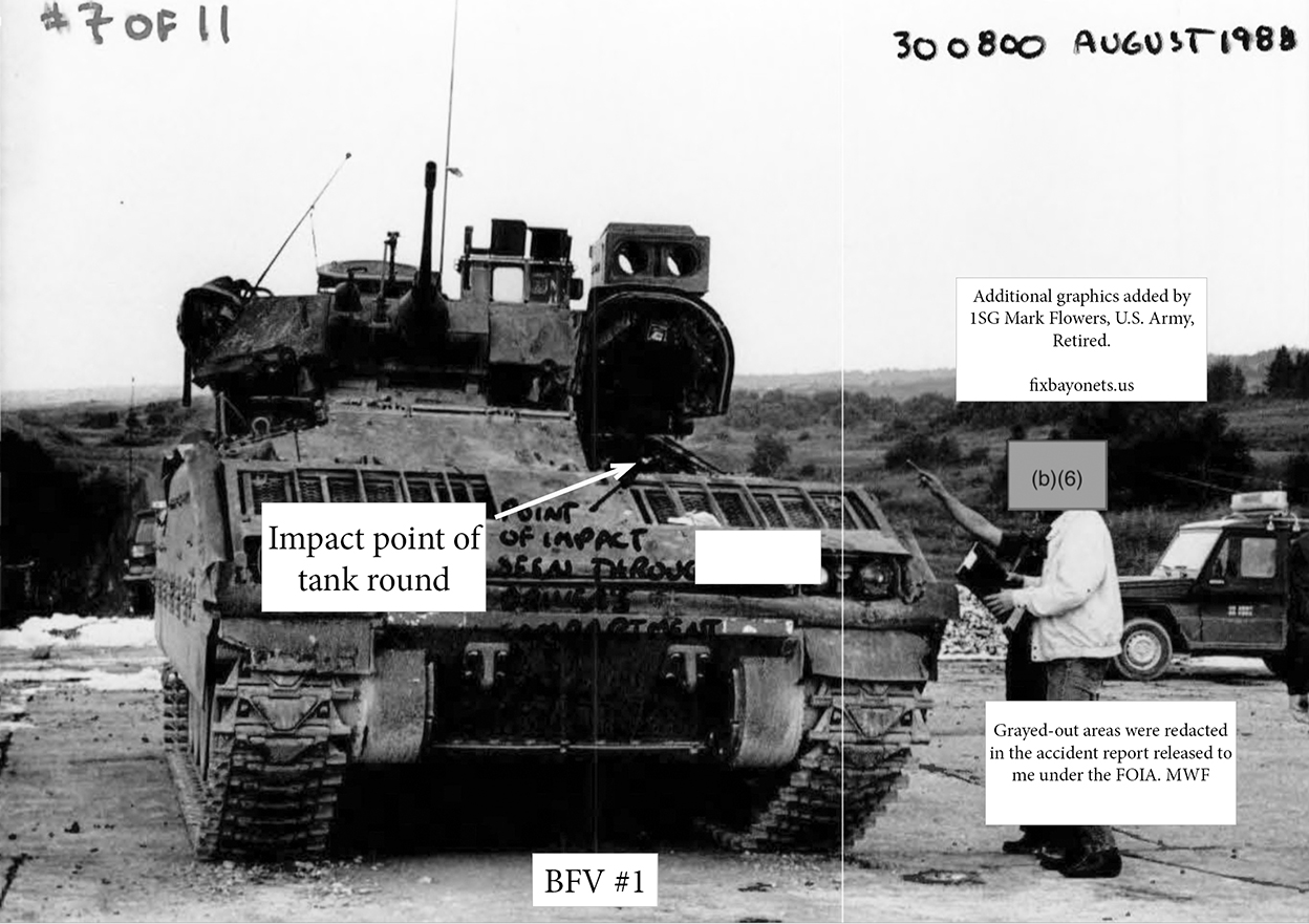 This view shows the front of BFV #1. The driver hatch was closed when the tank round hit, and was opened by Soldiers trying to rescue Pfc. Jerry Westmoreland, who died at his station. U.S. Army Photo