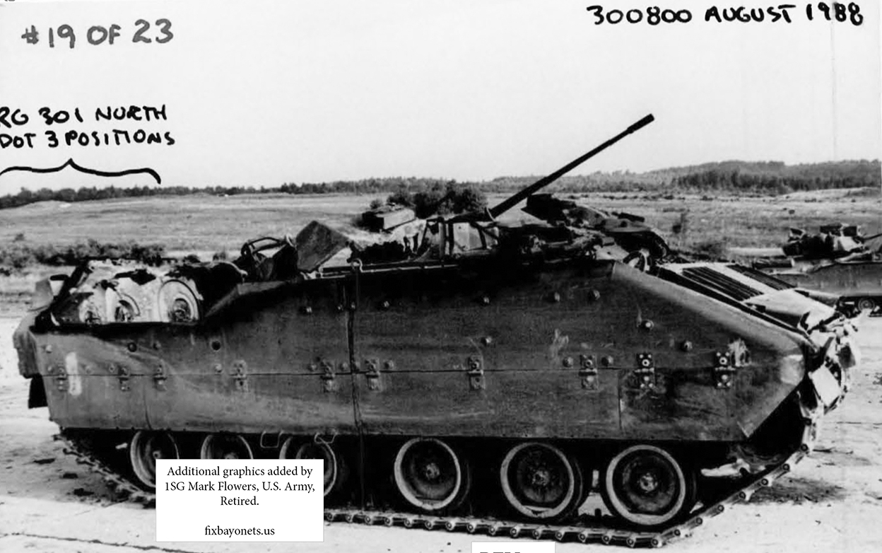 Right side of BFV #2. The internal fire melted the track's aluminum alloy hull armor. U.S. Army Photo